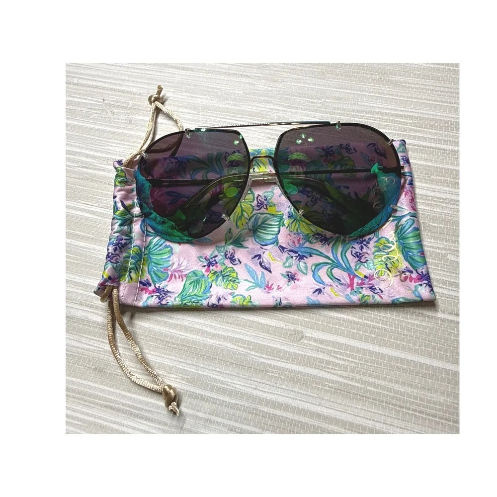 Lilly Pulitzer Adelia Polarized Sunglasses Gold Aviator Purple Floral Pouch 66mm